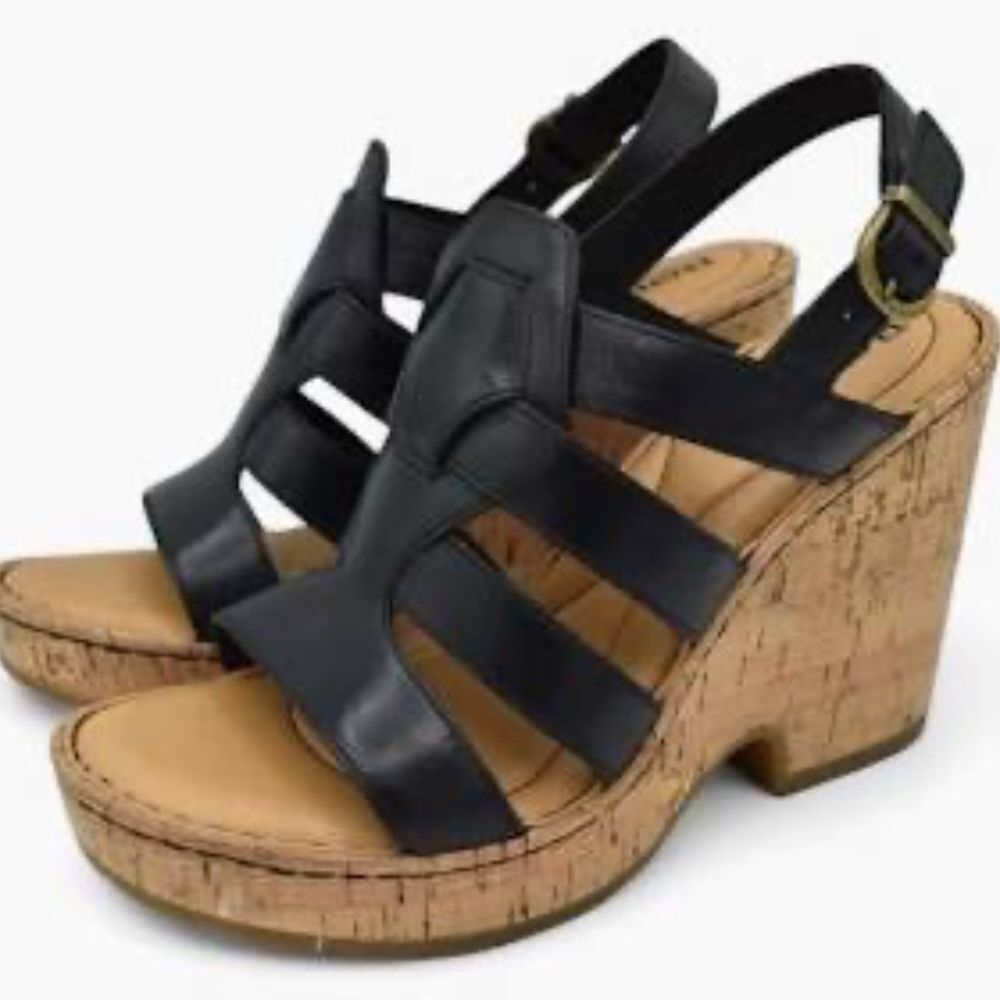 Born Bernese Women's Black Leather Cork Wedge Sandals NWT Sz 10